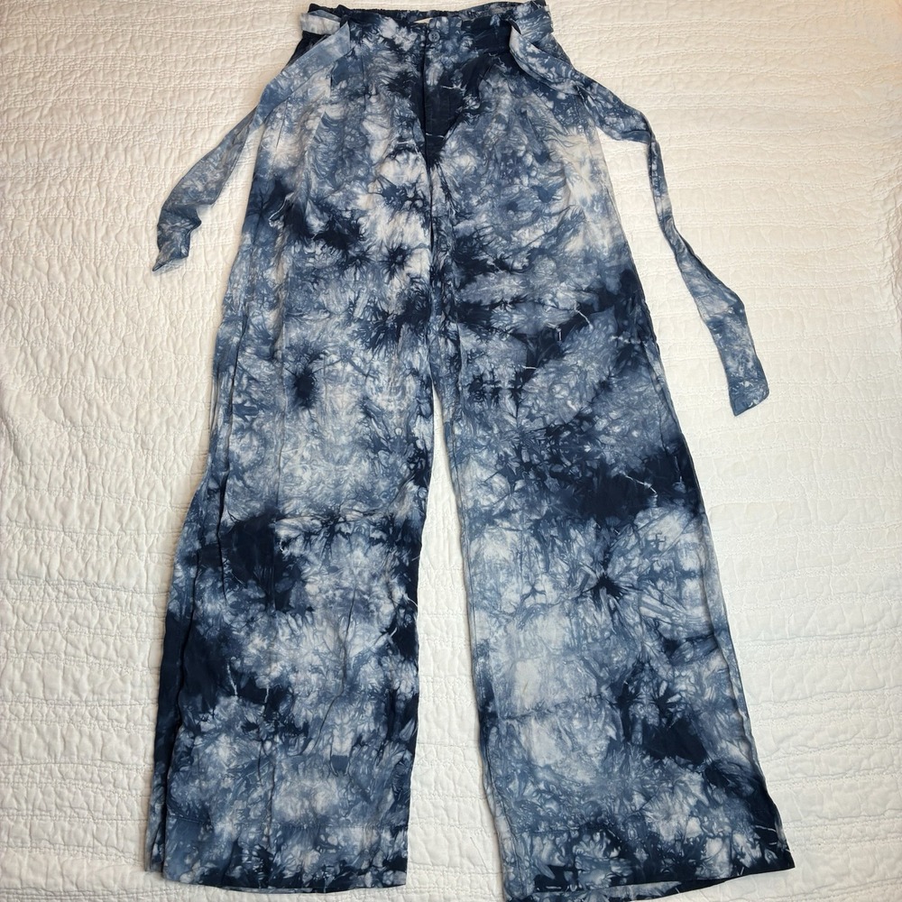 Cloth & Stone Anthro Venice wide leg pants Sz S blue tie-dye hi-rise tie belt